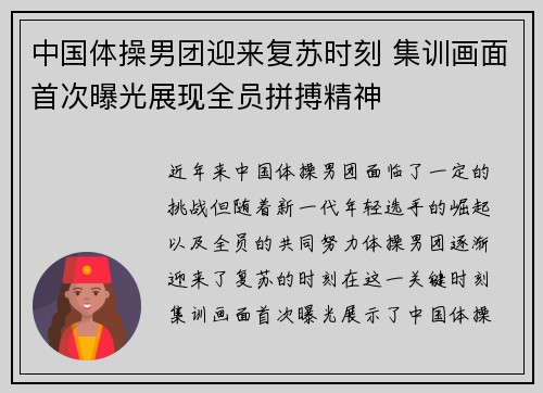 中国体操男团迎来复苏时刻 集训画面首次曝光展现全员拼搏精神