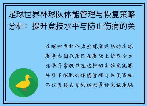足球世界杯球队体能管理与恢复策略分析：提升竞技水平与防止伤病的关键