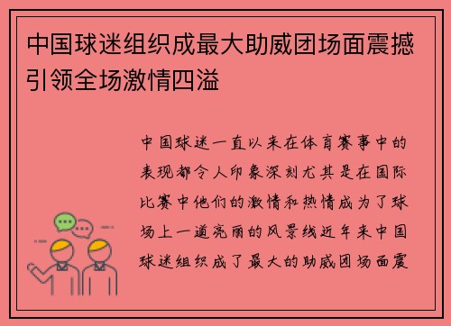 中国球迷组织成最大助威团场面震撼引领全场激情四溢