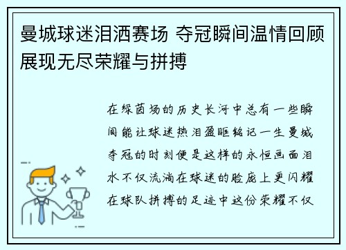 曼城球迷泪洒赛场 夺冠瞬间温情回顾展现无尽荣耀与拼搏