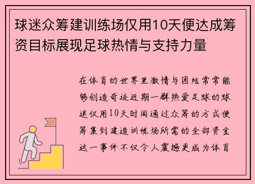 球迷众筹建训练场仅用10天便达成筹资目标展现足球热情与支持力量