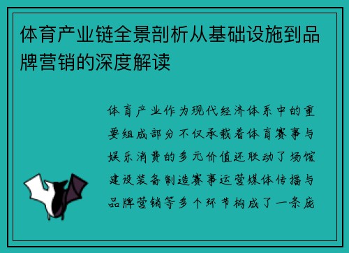 体育产业链全景剖析从基础设施到品牌营销的深度解读 体育产业链全景剖析从基础设施到品牌营销的深度解读